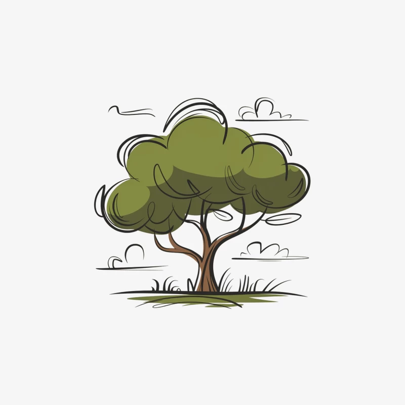 Cartoon Green Tree Sketch with Clouds Male Long Sleeve T-Shirt