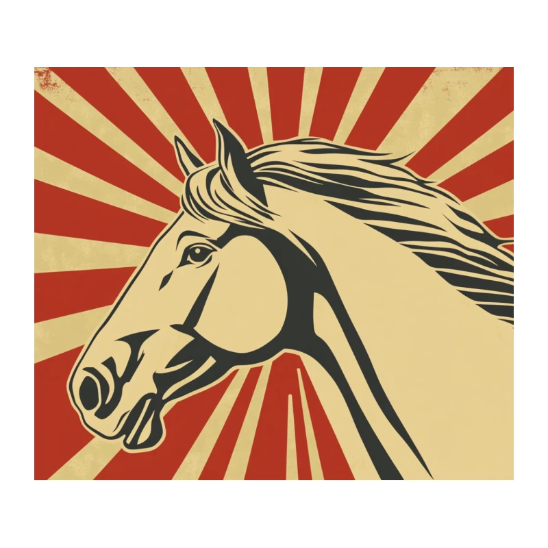 Vintage Propaganda Style Horse Illustration with Red Sunburst Tapestry