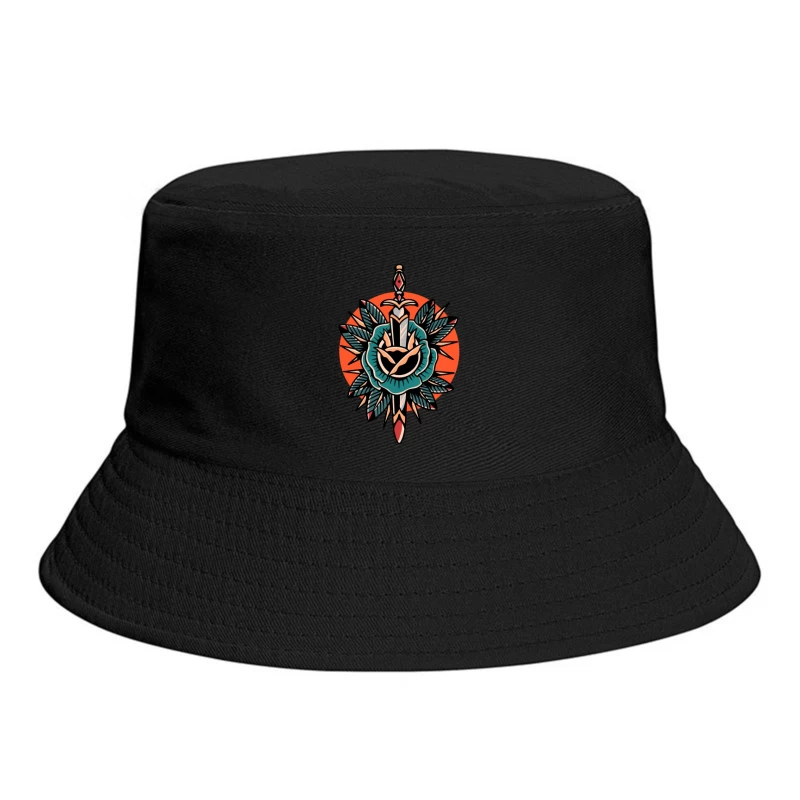 Decorative Sword and Rose Illustration Bucket Hat