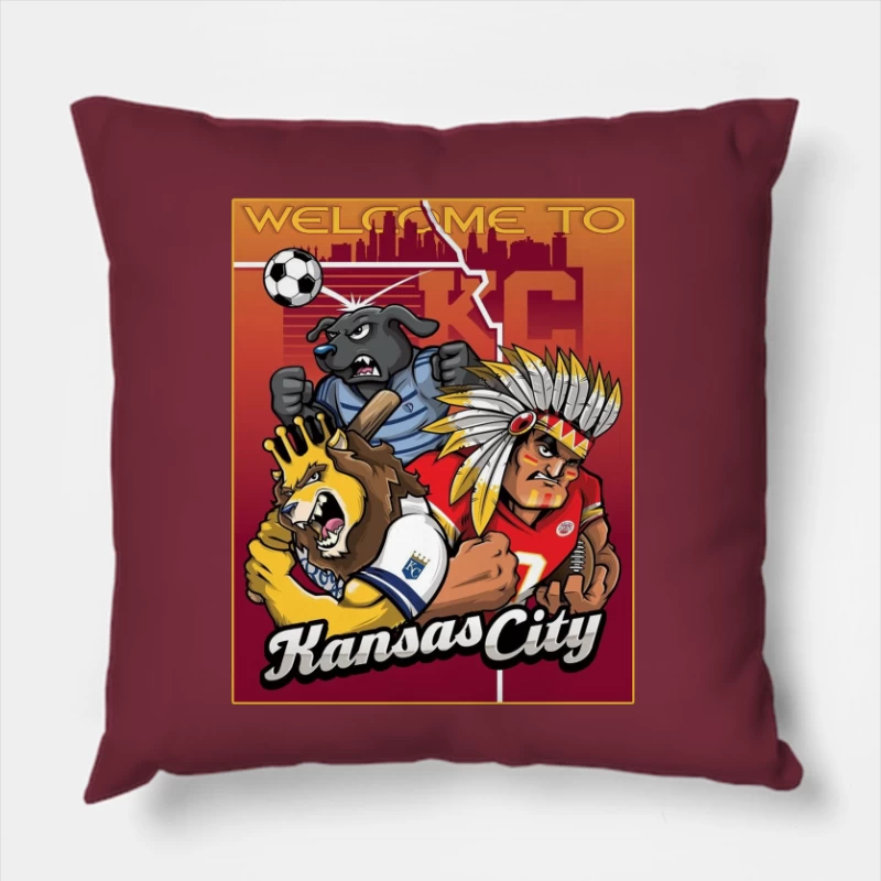 Kansas City Sports Mascots with City Skyline Illustration Throw Pillow