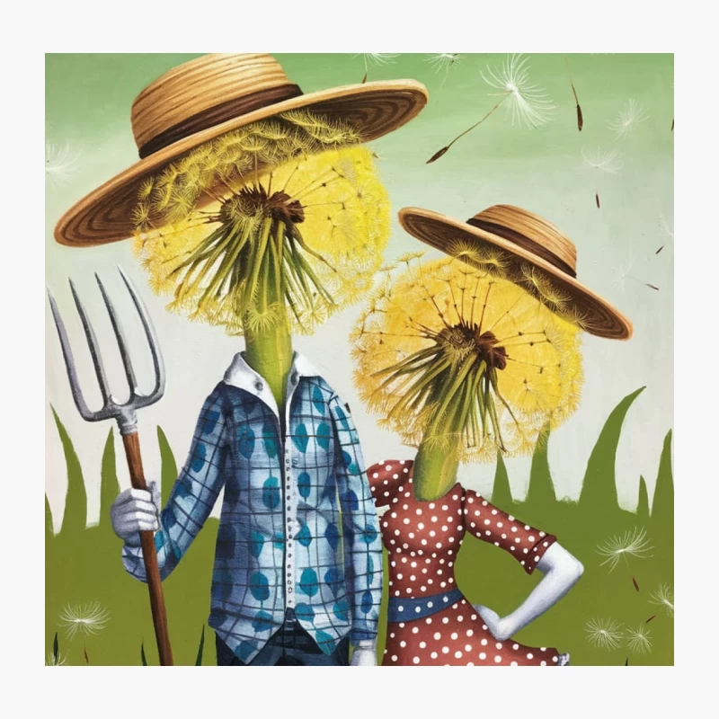 Whimsical Dandelion Farmers: A Surrealist Garden Scene Throw Pillow