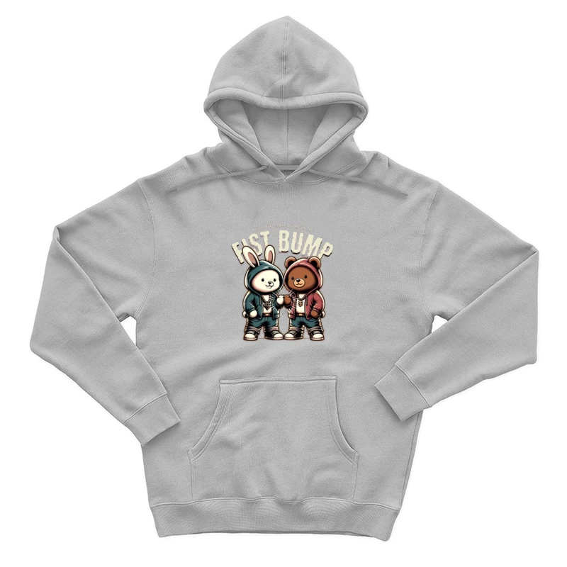 Cartoon Bunny and Bear Friends in Hip Hop Streetwear Sharing a Fist Bump Male Pullover Hoodie