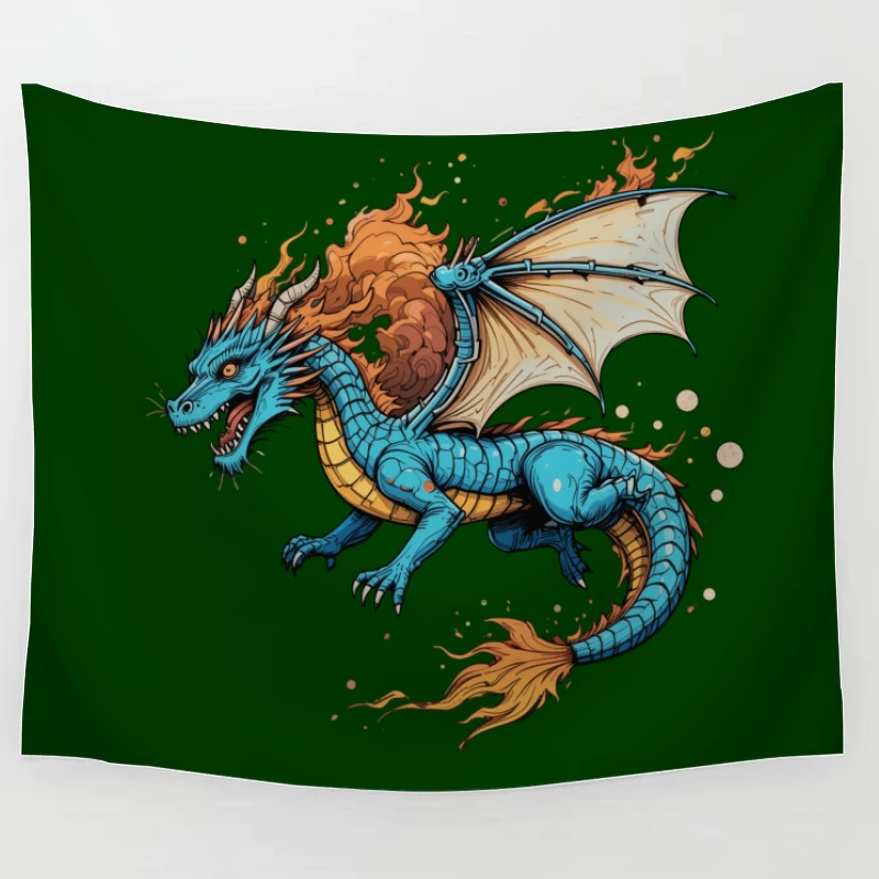 Fierce Blue Dragon with Fiery Mane and Wings Tapestry