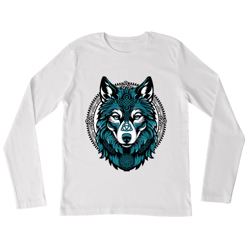 Majestic Celtic Wolf – Teal Knotwork Design Female Long Sleeve T-Shirt