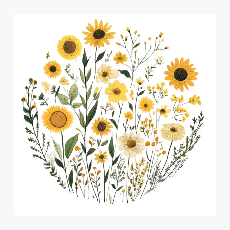 Cheerful Sunflower and Wildflower Botanical Illustration Pin