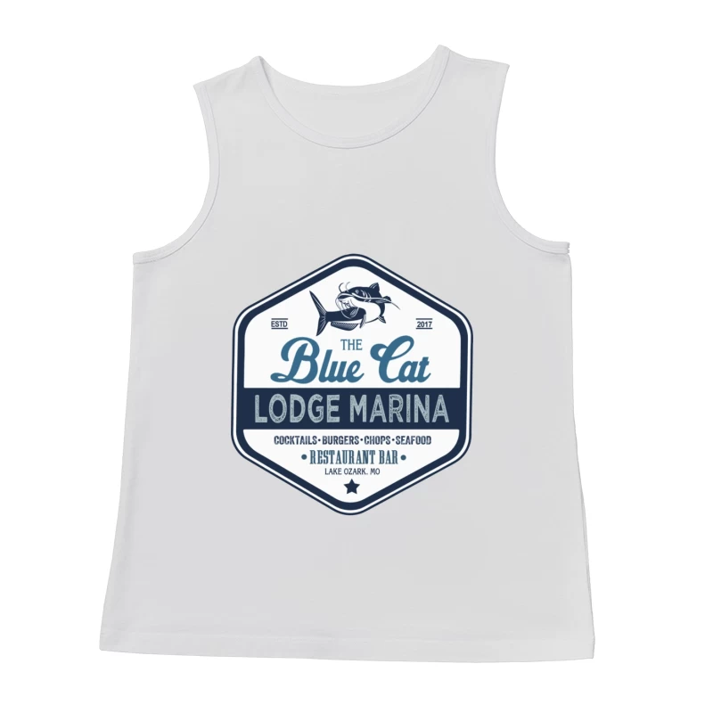 The Blue Cat Lodge Marina Restaurant and Bar - Vintage Nautical Logo Design Male Tank Top