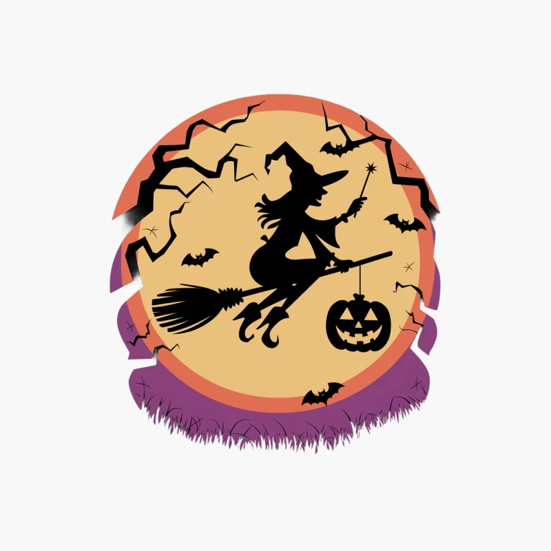 Halloween Night Witch Silhouette with Pumpkin and Bats Under Full Moon Cotton Tote Bag
