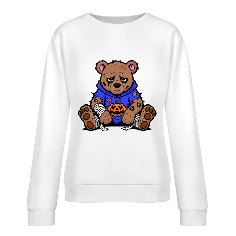 Sad Injured Teddy Bear in Blue Hoodie with Halloween Pumpkin Female Pullover Sweatshirt