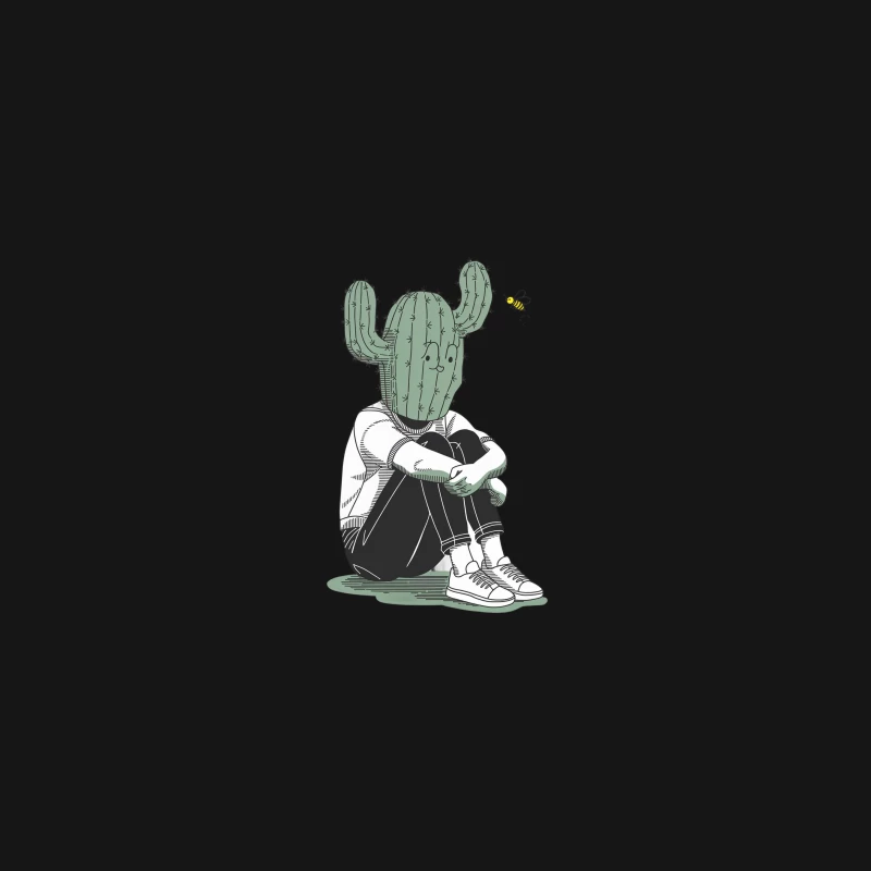 Surreal Cactus-Headed Figure: A Portrait of Isolation Desk Mat