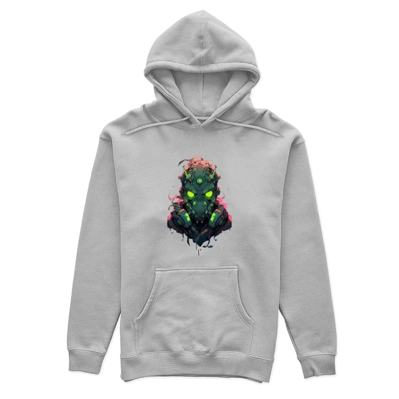 Futuristic Cyberpunk Character with Neon Gas Mask Female Pullover Hoodie