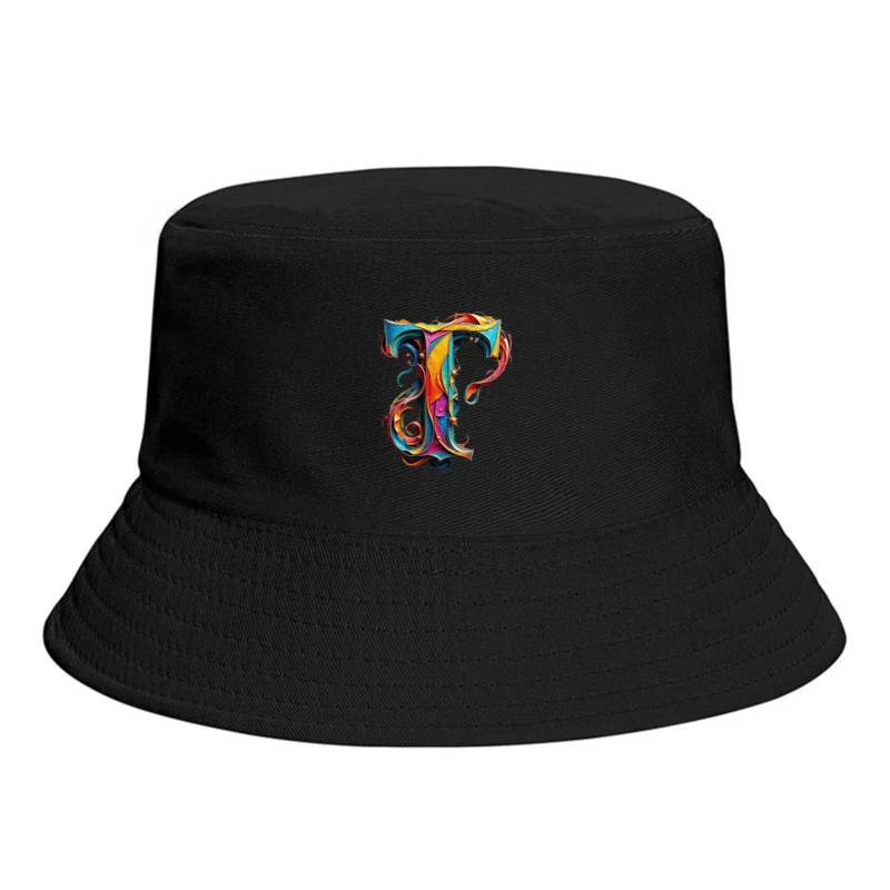 Ornate Colorful Typography: Decorated Letter T Illustration Bucket Hat