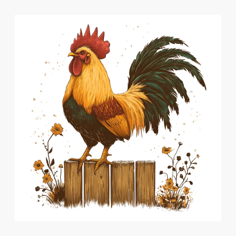 Colorful Rooster Illustration on Fence Post with Flowers Pin