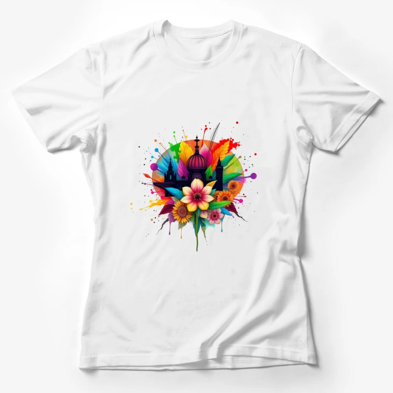 Vibrant Cathedral Silhouette with Rainbow Floral Splash Female T-Shirt