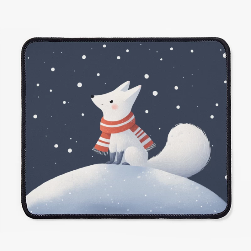 Cute Arctic Fox in Red Scarf on Snowy Hill Mouse Pad