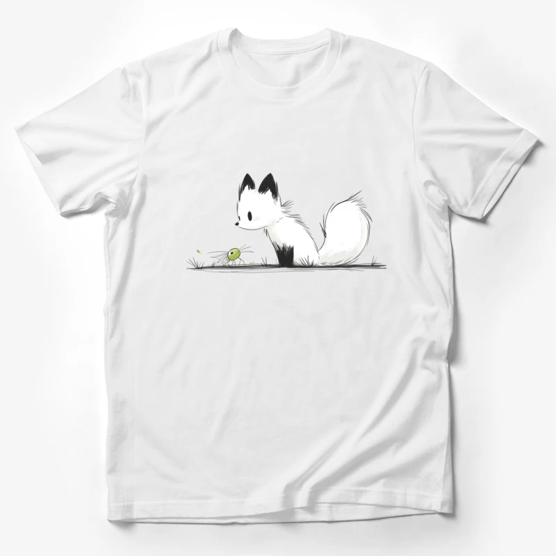 Cute Minimalist Fox and Bug Illustration in Black and White Male T-Shirt