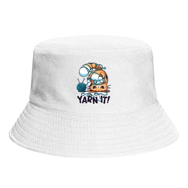 Yarn It! Whimsical Cat Illustration Bucket Hat