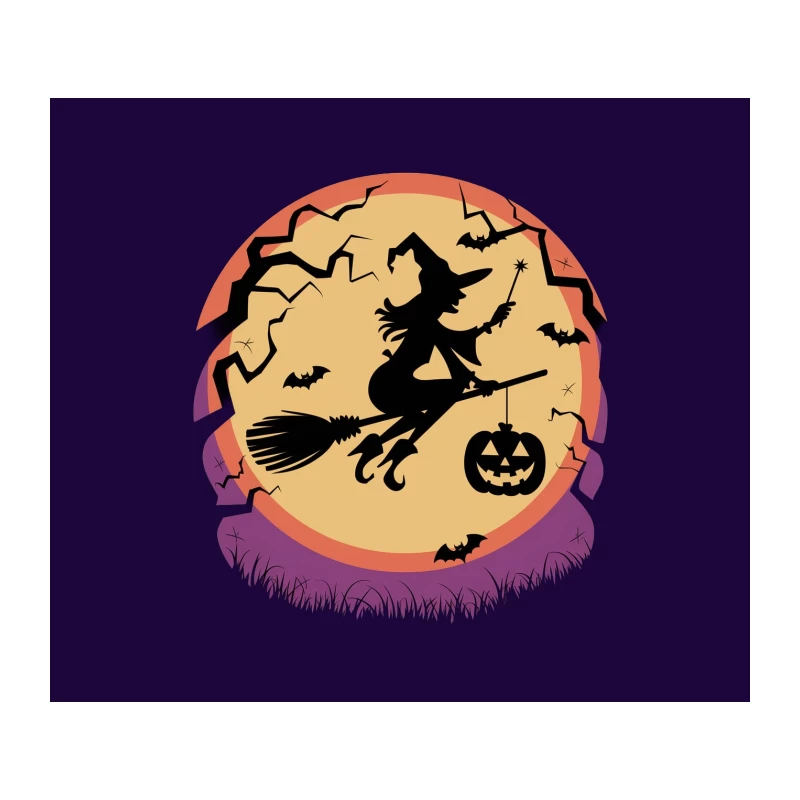 Halloween Night Witch Silhouette with Pumpkin and Bats Under Full Moon Tapestry