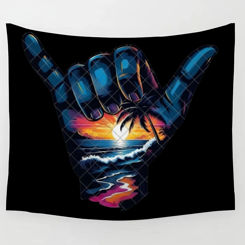 Shaka Sign with Tropical Sunset and Ocean Scene Tapestry