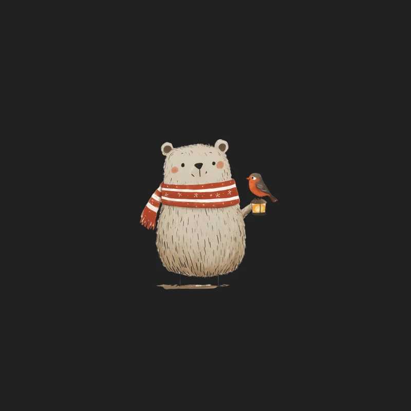 Cute Illustrated Bear with Winter Scarf and Bird Friend Holding Lantern Bucket Hat