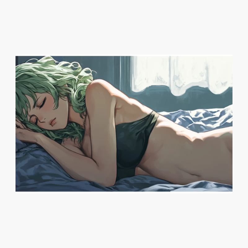 Green-Haired Anime Girl Peacefully Sleeping in Sunlit Bedroom Travel Mug