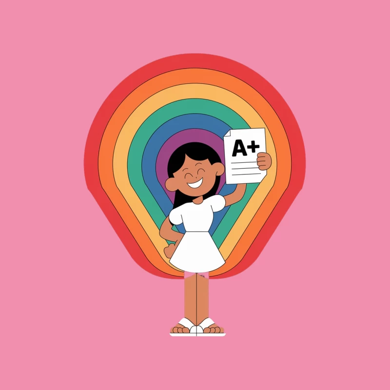 Joyful Student Celebrating A+ Grade Against Rainbow Background Male T-Shirt