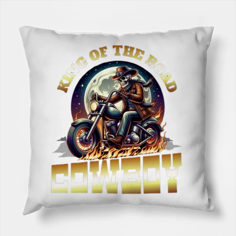 King of the Road: Skeleton Cowboy Biker Under Moonlight Throw Pillow