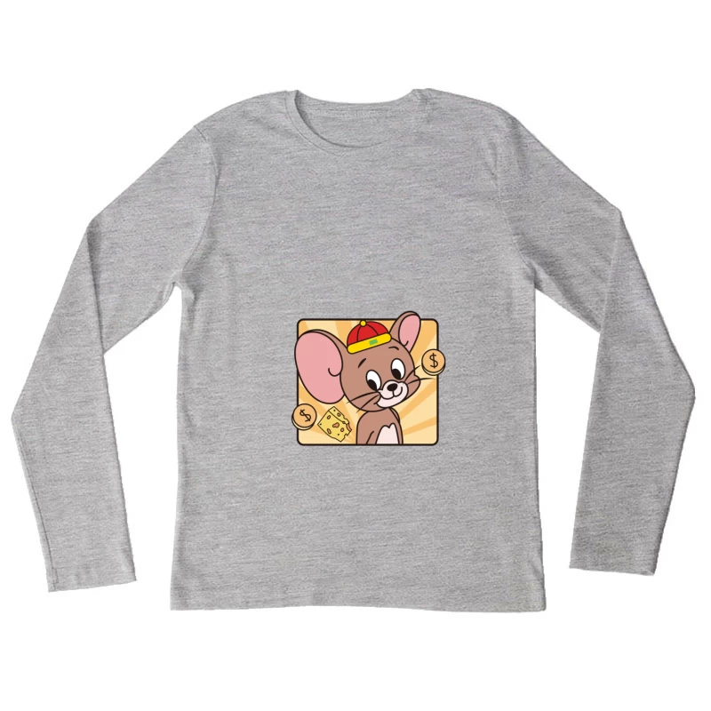 Niedliche Maus mit Kappe und Käse Damen Langarm T-Shirt