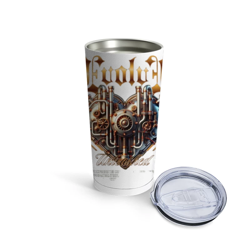 Steampunk Mechanical Heart with Gold Typography Design Travel Mug