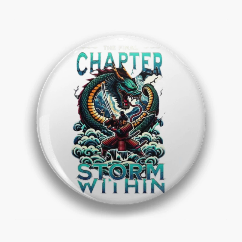 Epic Samurai Warrior Facing Dragon in Storm Within Chapter Art Pin