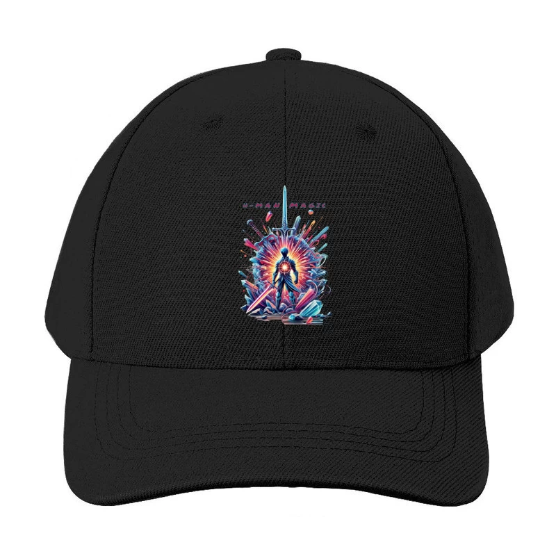 Mystical Warrior Silhouette with Magical Sword Burst Baseball Cap