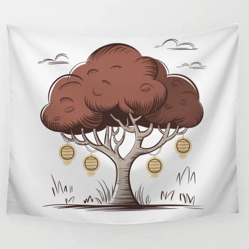 Stylized Tree with Hanging Lanterns Illustration Tapestry