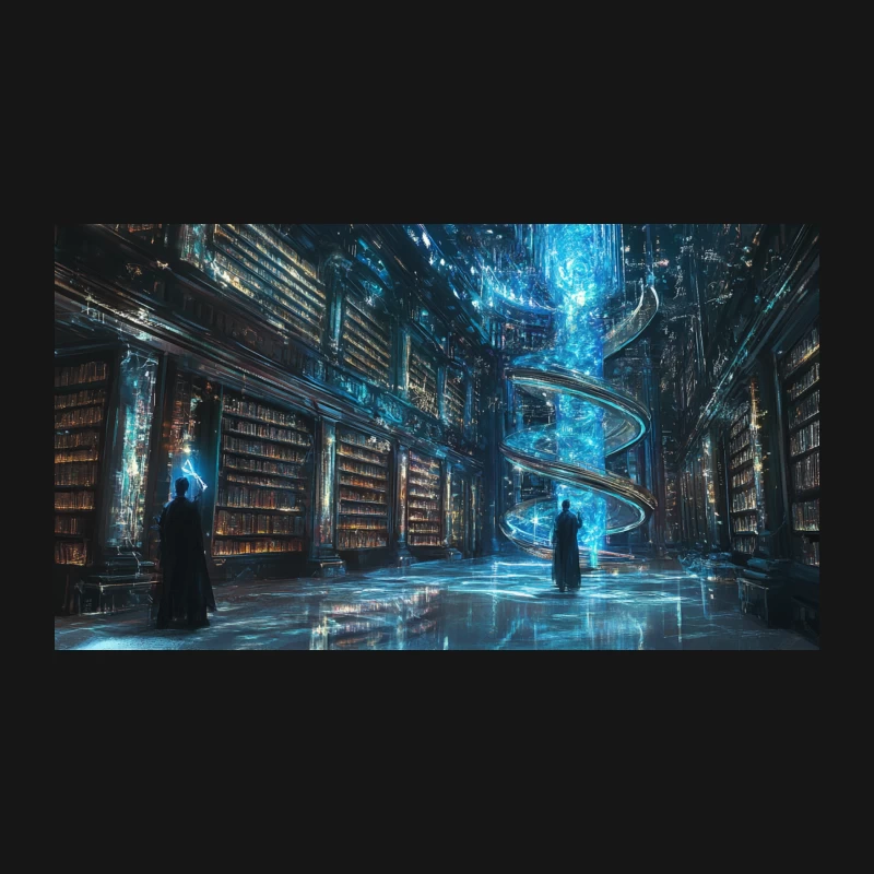 Mystical Futuristic Library with Glowing Magic Desk Mat
