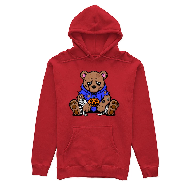 Sad Injured Teddy Bear in Blue Hoodie with Halloween Pumpkin Female Pullover Hoodie