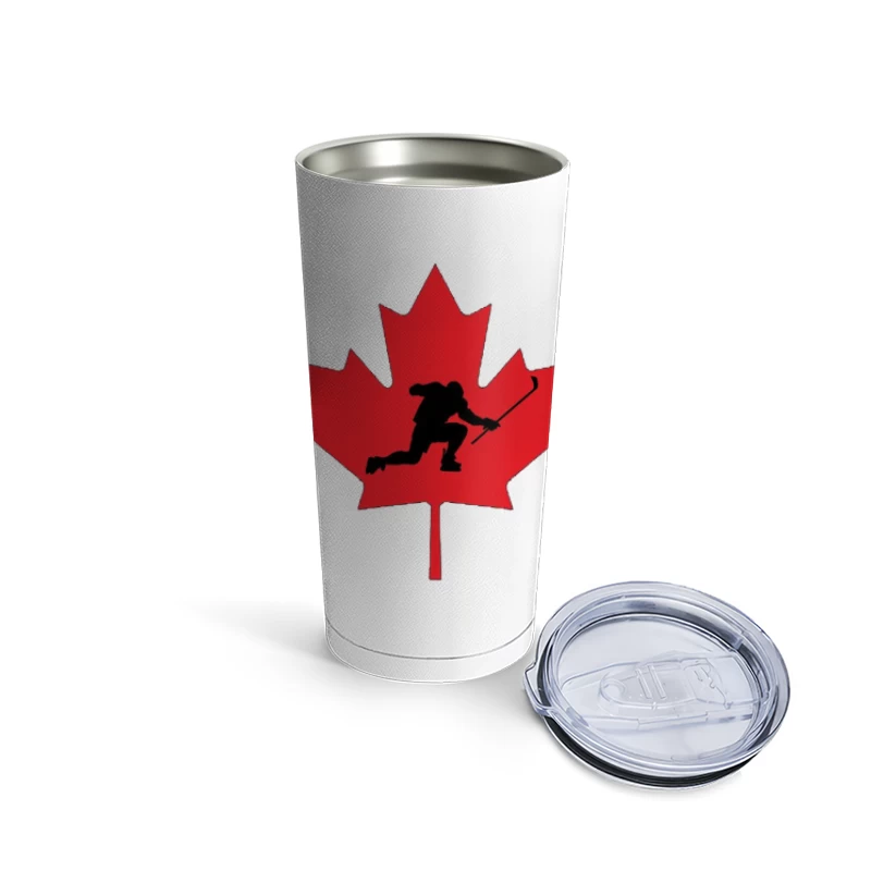 Canadian Hockey Player Silhouette on Red Maple Leaf Travel Mug