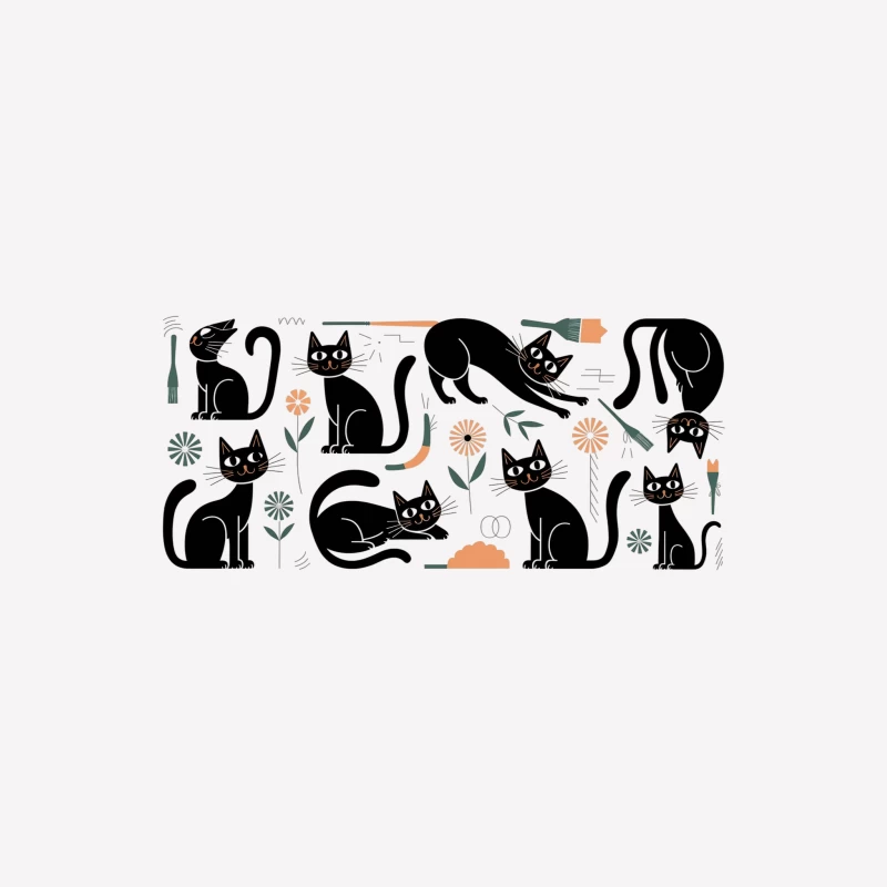 Playful Black Cats Geometric Illustration with Floral Elements Female T-Shirt