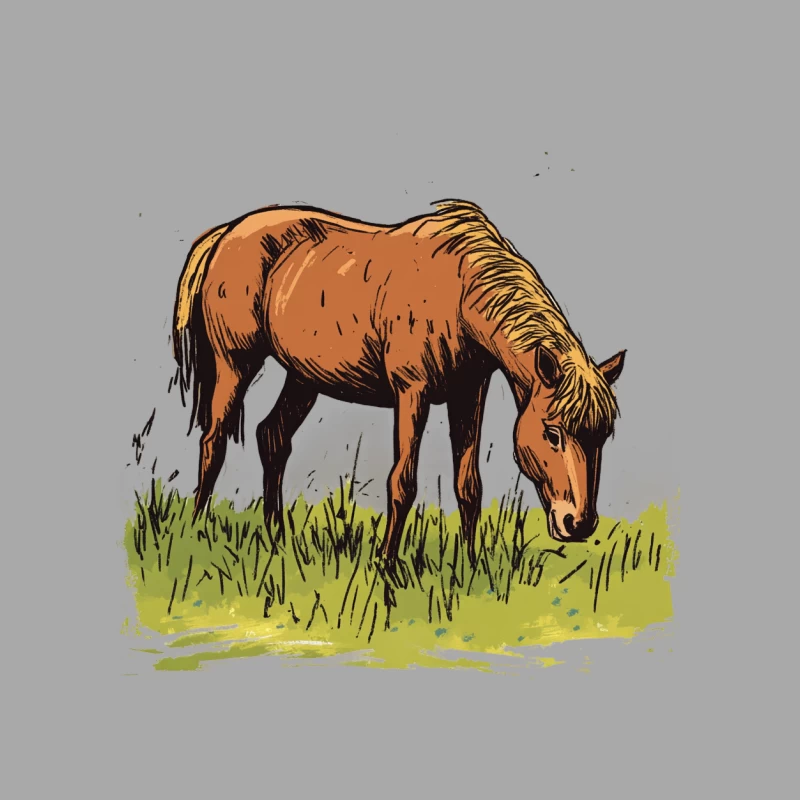 Illustrated Horse Grazing in Rural Grassland Female Pullover Hoodie