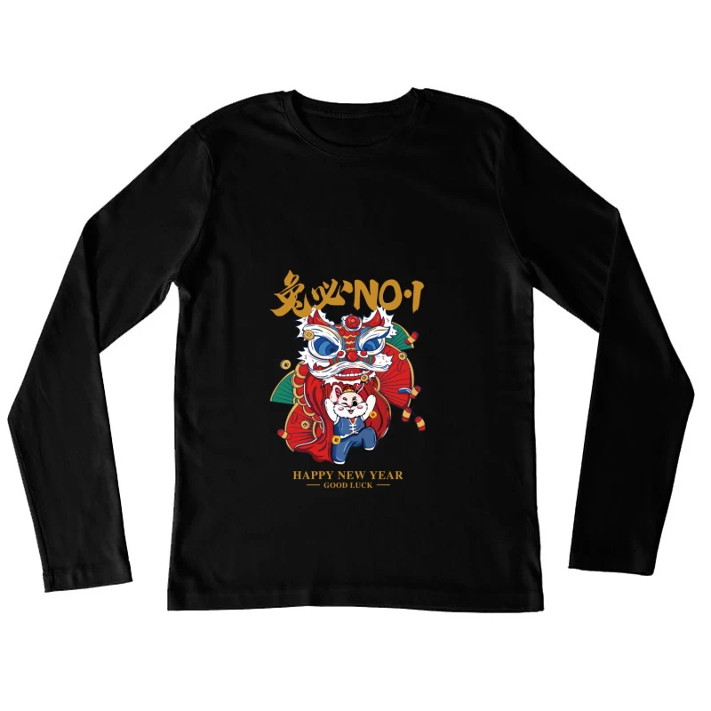 Glücklicher Neujahrs-Löwentanz mit Katze Damen Langarm T-Shirt
