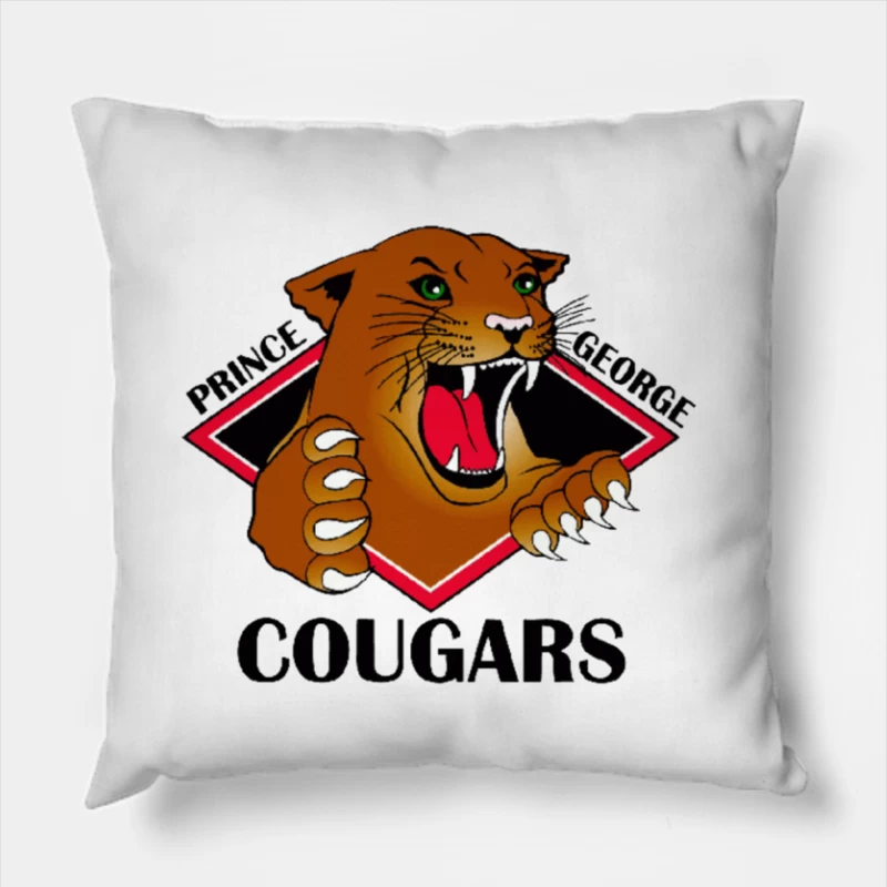 Prince George Cougars Sports Team Logo with Fierce Cougar Mascot Throw Pillow