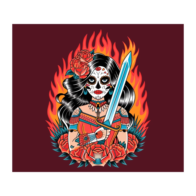 Traditional Day of the Dead Warrior with Sword and Roses in Flames Tapestry