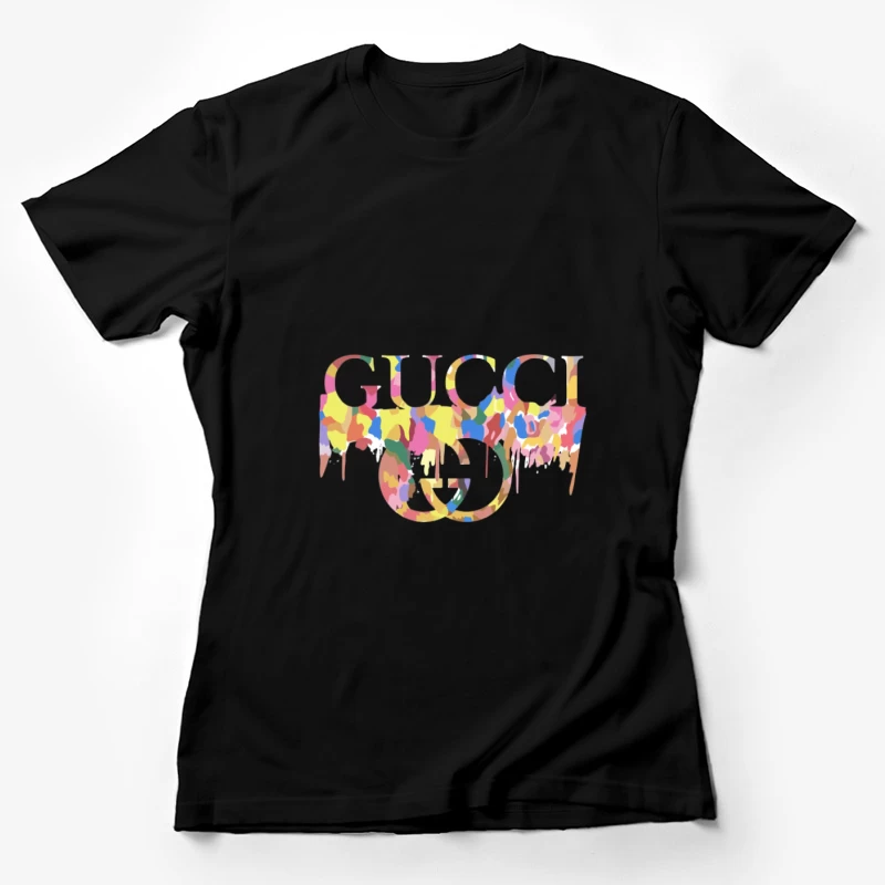 Buntes Gucci-Logo auf schwarzem Hintergrund Damen T-Shirt
