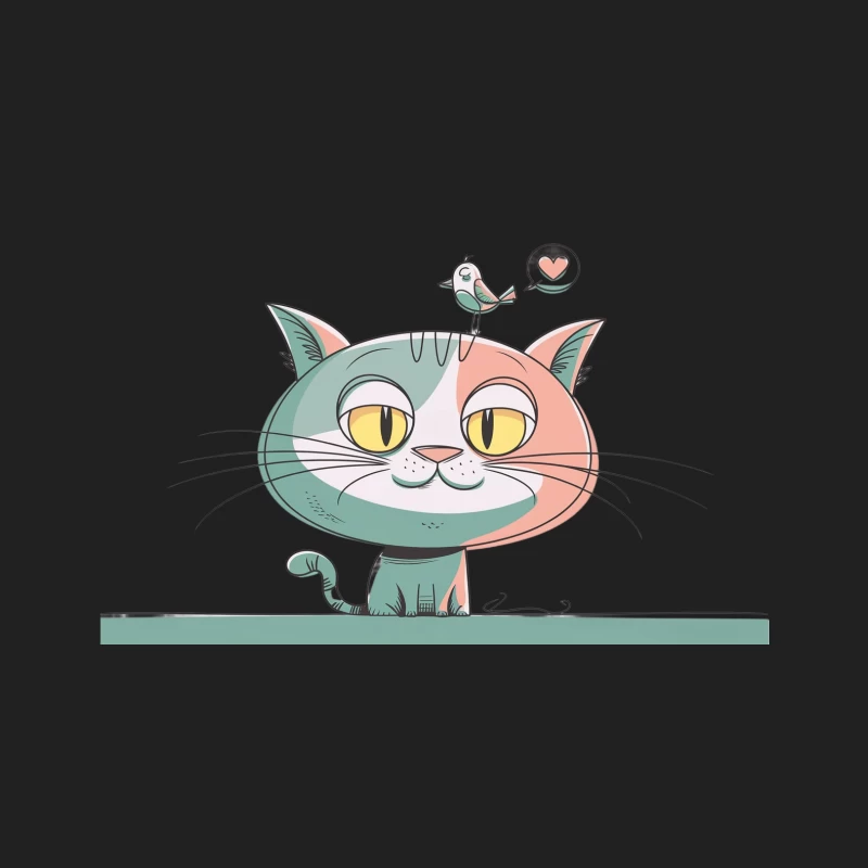 Adorable Cartoon Cat with Loving Bird Friend Bucket Hat