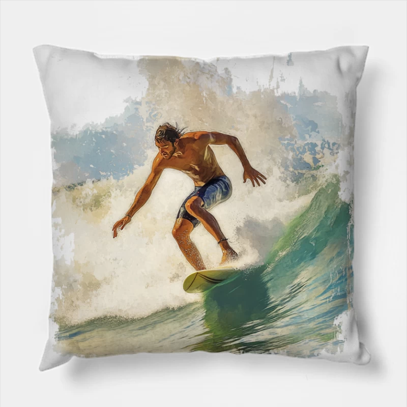 Dynamic Watercolor Surfer Riding Turquoise Wave Throw Pillow