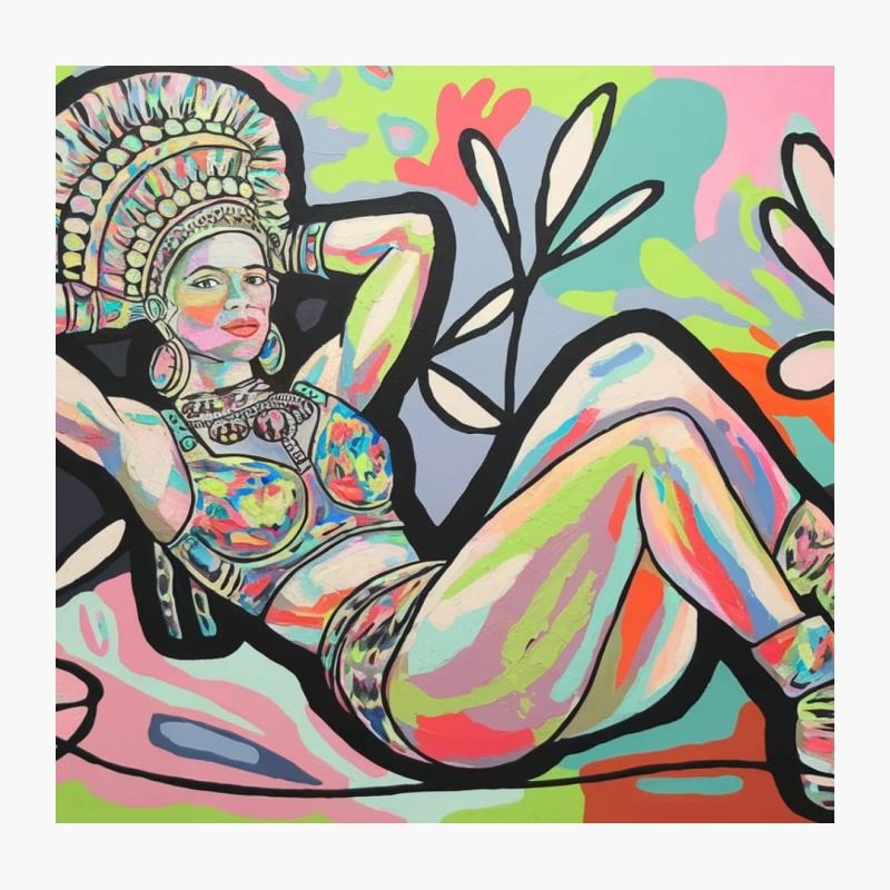 Vibrant Abstract Painting of Reclining Female Figure with Ornate Headdress Throw Pillow
