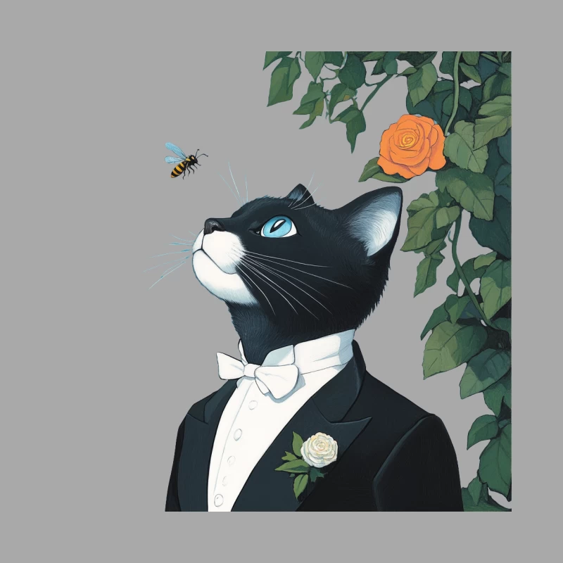 Whimsical Illustration of a Dapper Cat Admiring Nature Male Pullover Hoodie