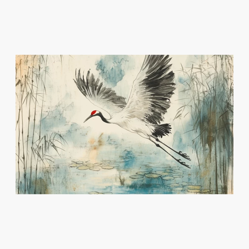 Graceful Crane's Flight: Watercolor Nature Scene in Asian Art Style Travel Mug