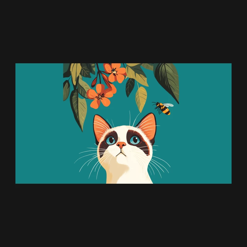 Curious Cat Admires Flowers and Bee in Colorful Illustration Desk Mat