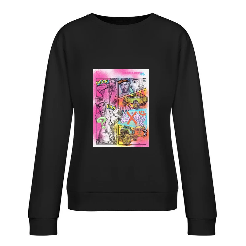 Bunte Comic-Collage mit Fahrzeugen und Figuren Damen Pullover Sweatshirt