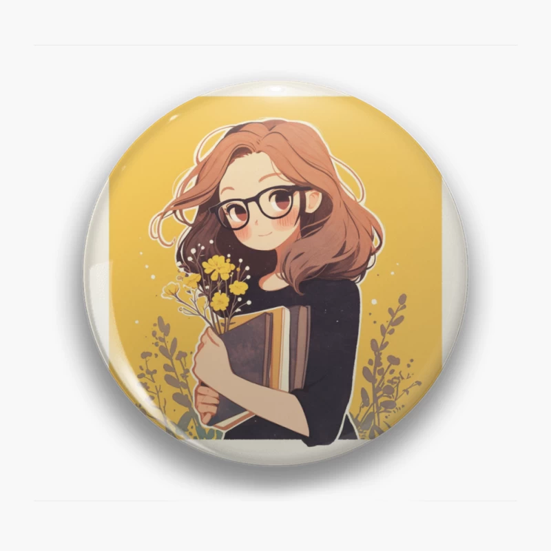 Bookish Girl with Yellow Flowers - Anime Style Illustration Pin