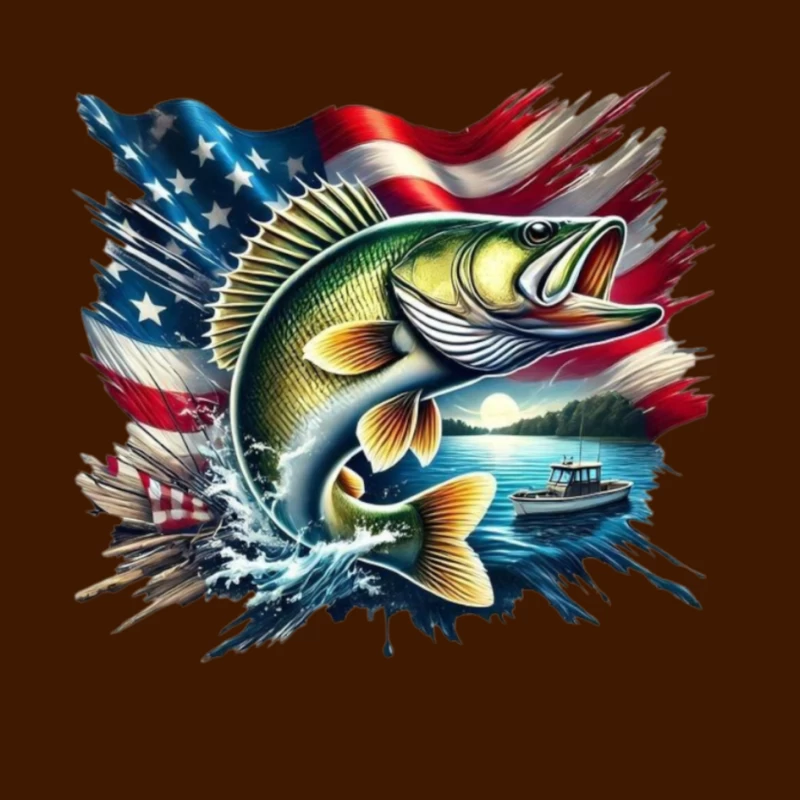 Dynamic Fish with American Flag and Scenic Background Pin