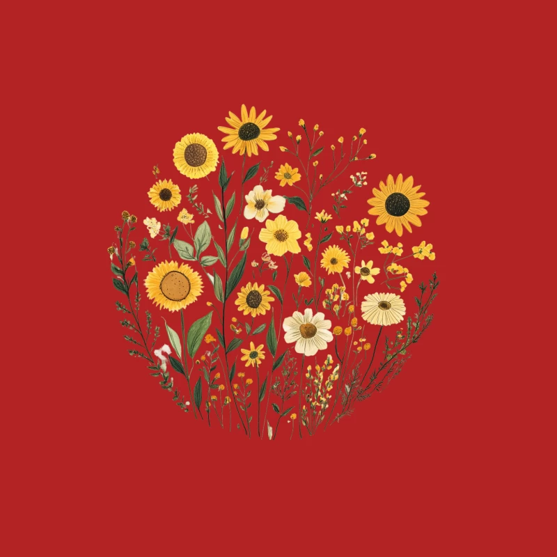 Cheerful Sunflower and Wildflower Botanical Illustration Female T-Shirt